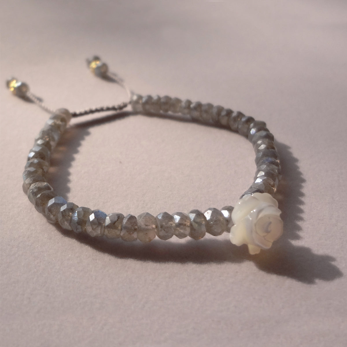 White Mother of Pearl Rose and Labradorites Bracelet